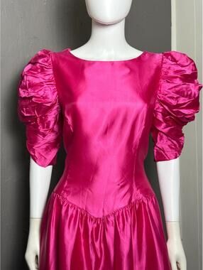 1980's Fucshia Satin Party Dress Puff Sleeve Princess Waist Hi-Low Hem size M